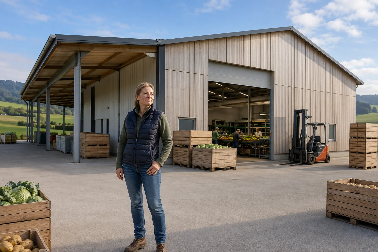 Unternehmerin vor einer österreichischen Agrar-Lager- und Verarbeitungshalle